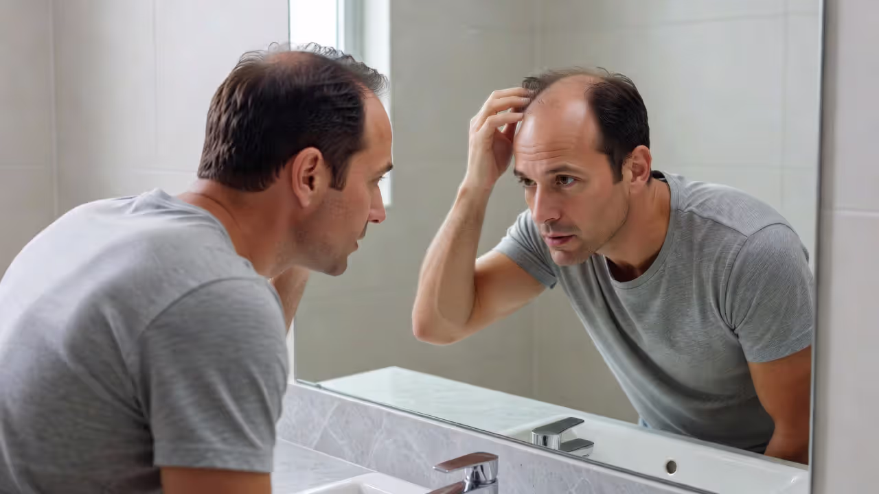 Man checking his hairline in the mirror for signs of recession