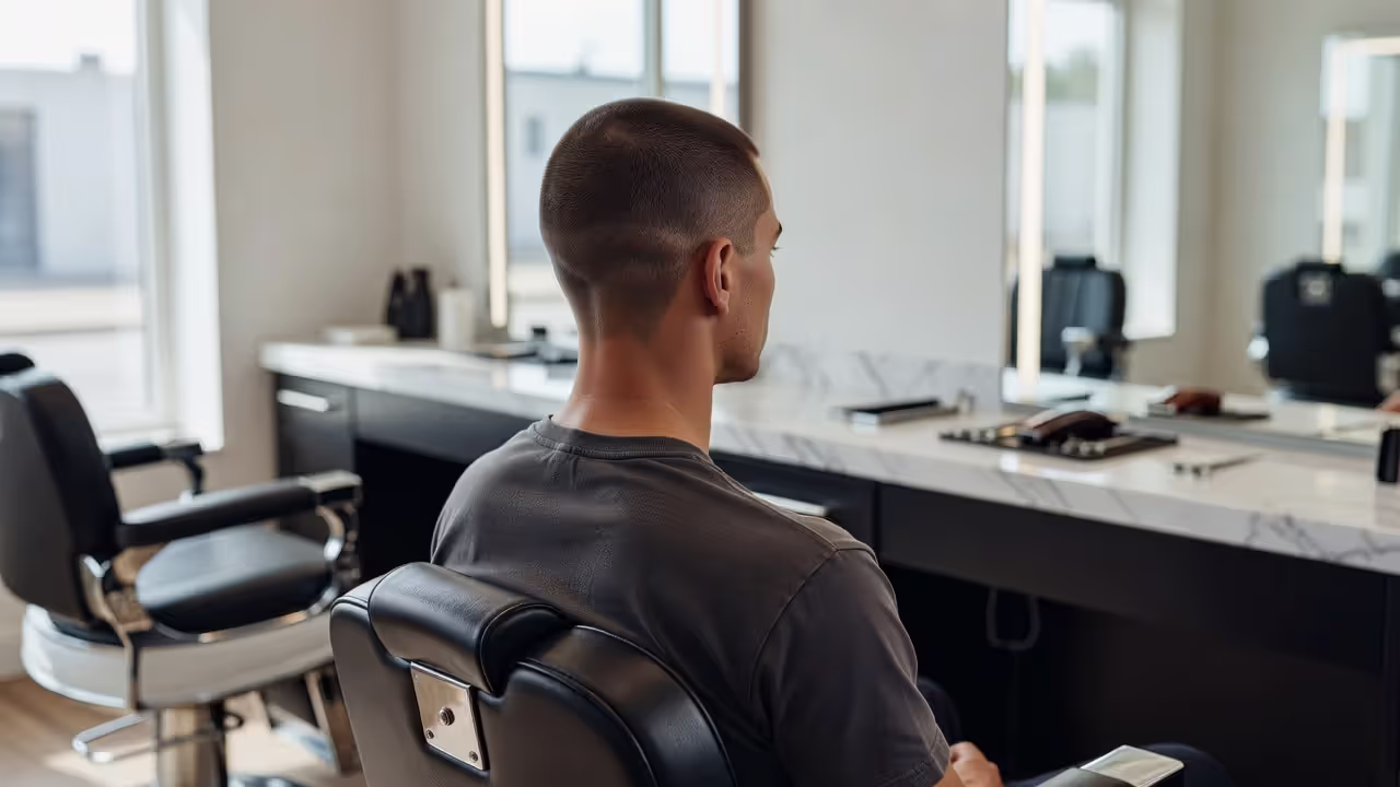 Man with buzz cut showing crown area in barbershop