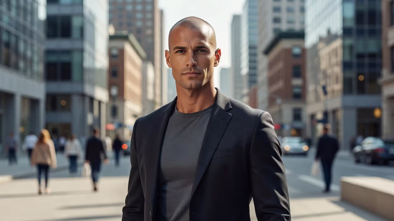 Man with shaved head embracing hair loss confidently