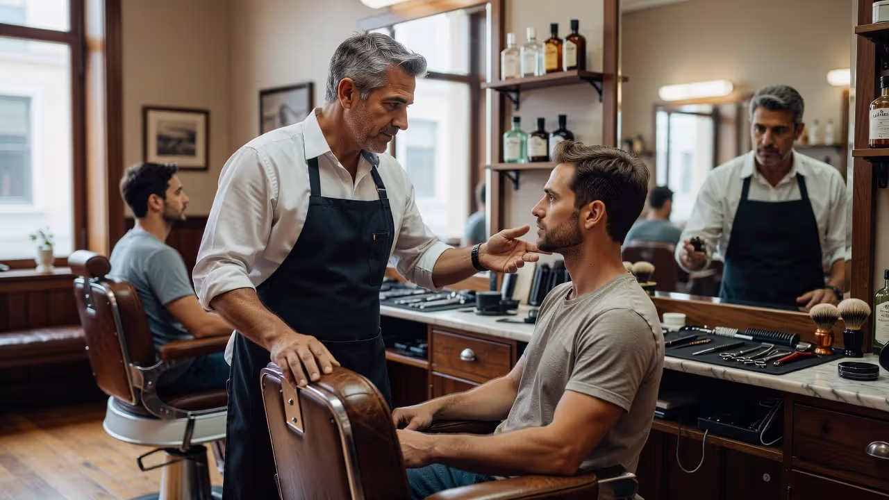 Barber discussing haircut options with a client experiencing hair loss