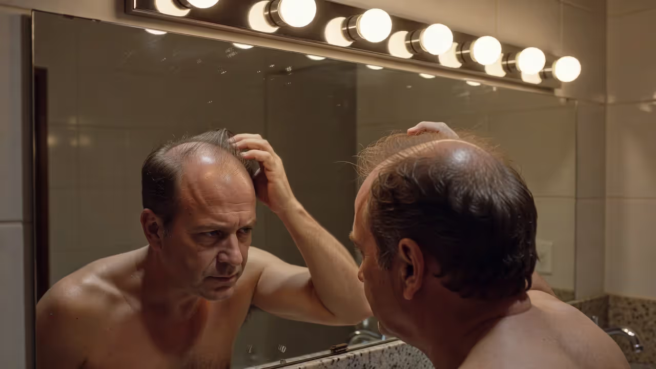 Man examining his hairline for early signs of hair loss