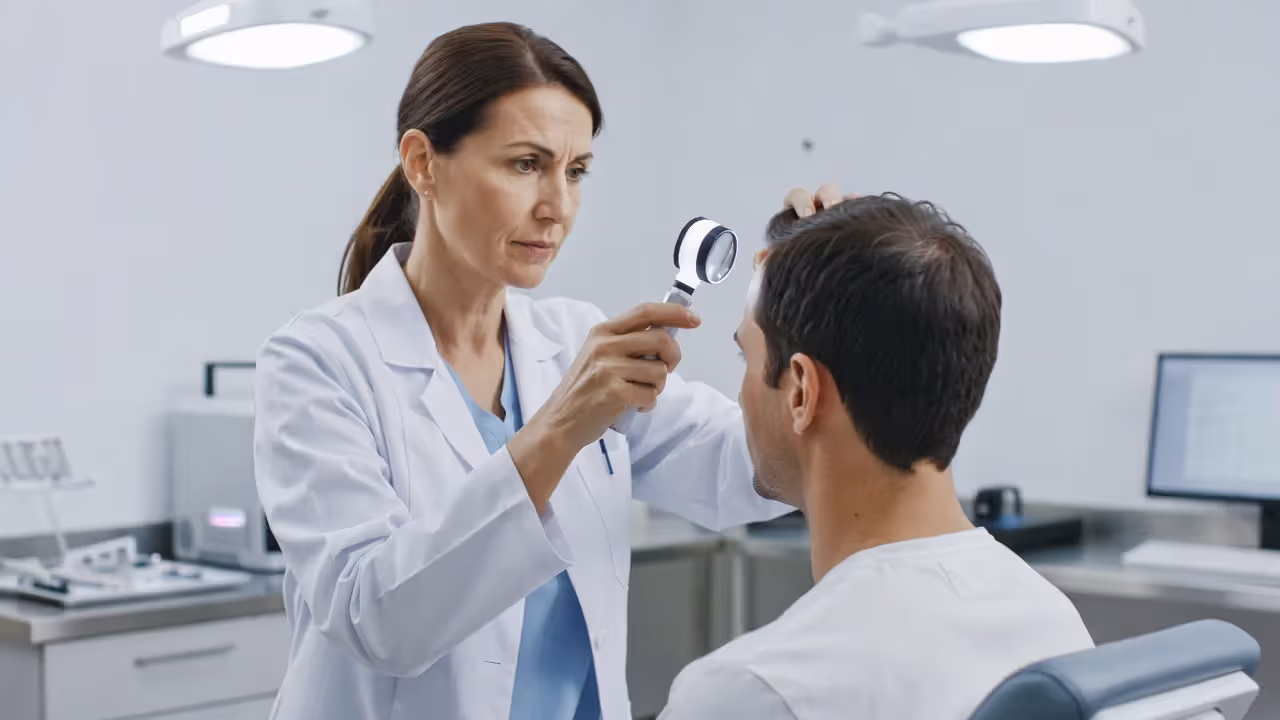 Dermatologist performing a scalp examination for hair loss diagnosis
