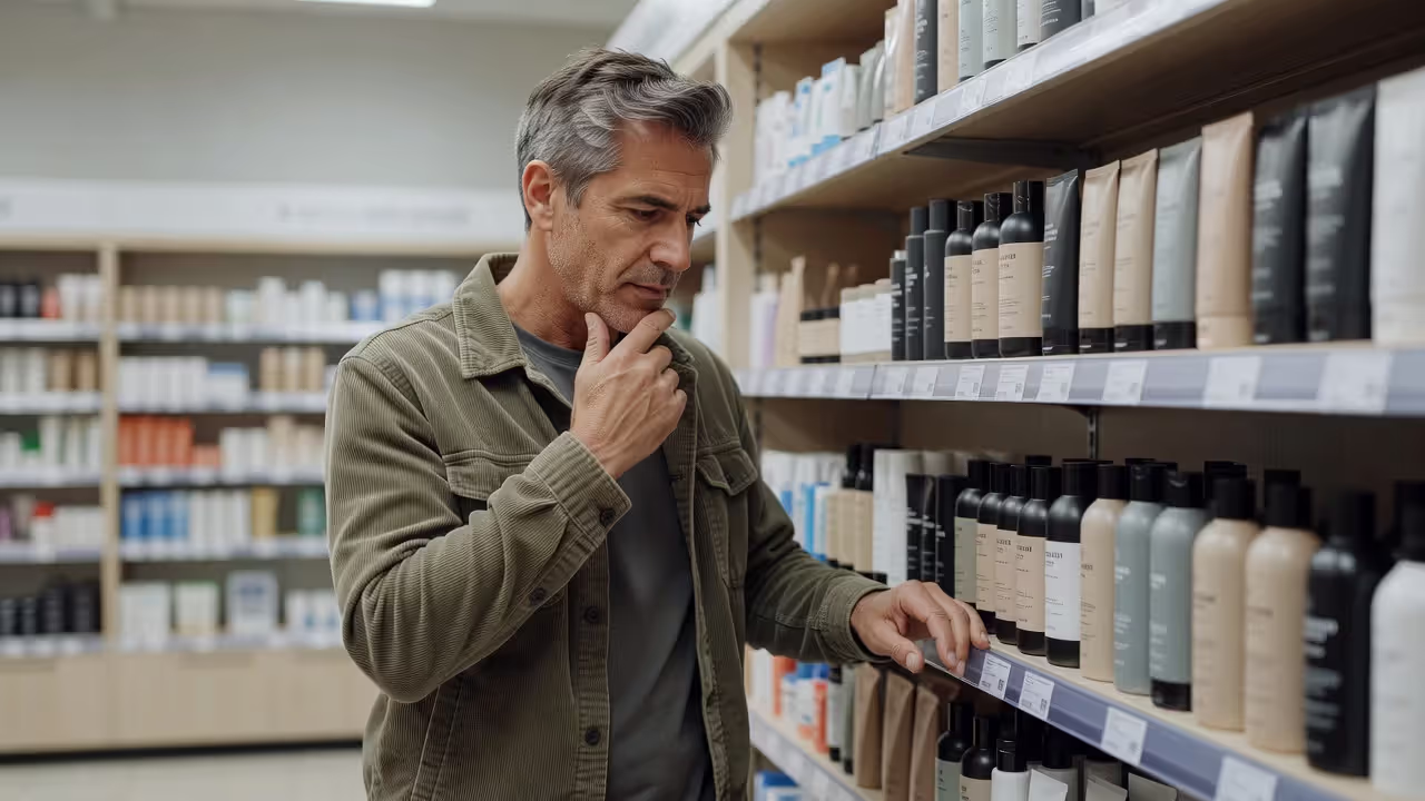 Man comparing hair loss treatment products at a pharmacy