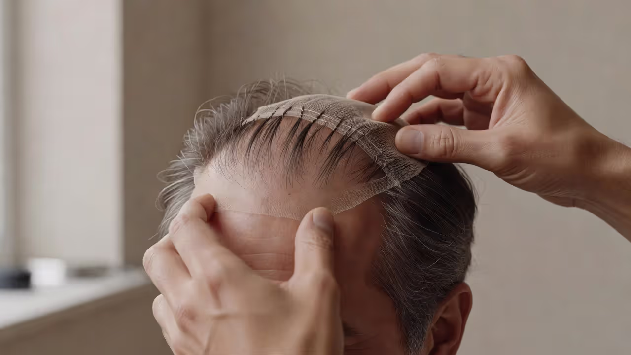 Lace base toupee being applied to scalp