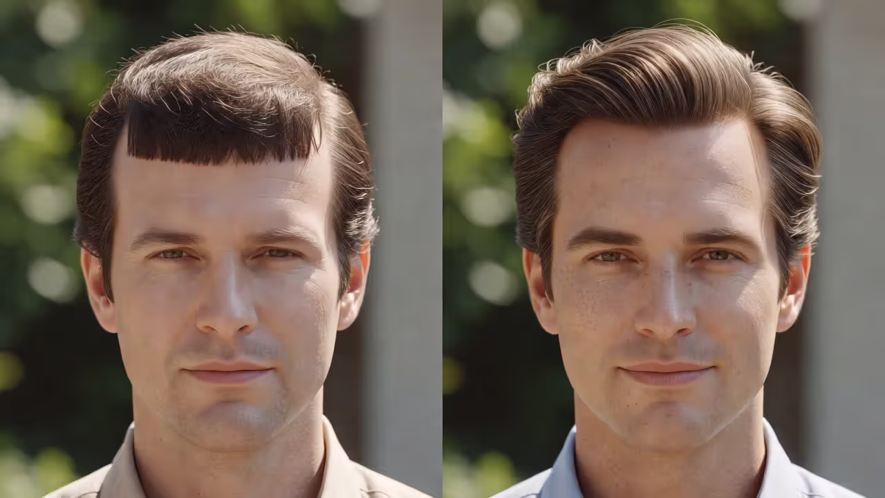 Comparison of old-style toupee versus modern natural hair system