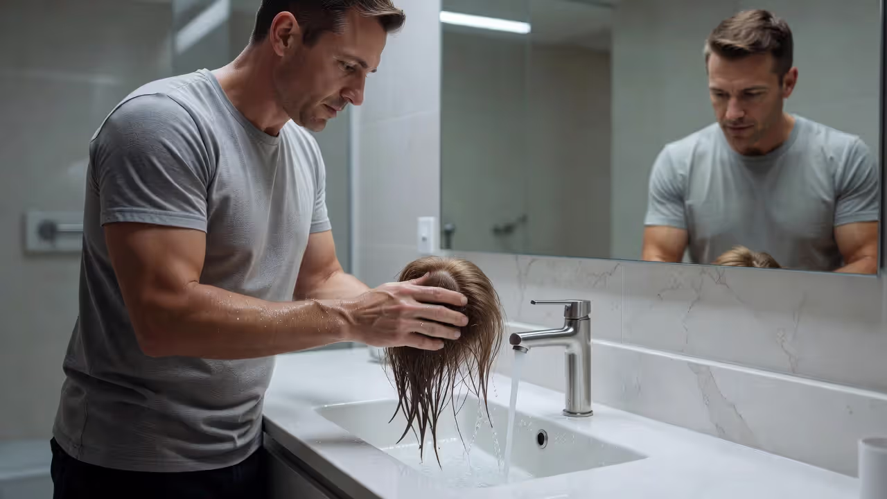 Washing a hair system at home in a bathroom sink