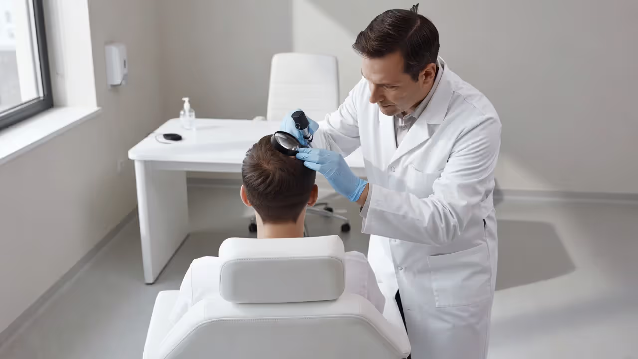 Dermatologist examining a patient's scalp during a hair loss diagnosis appointment