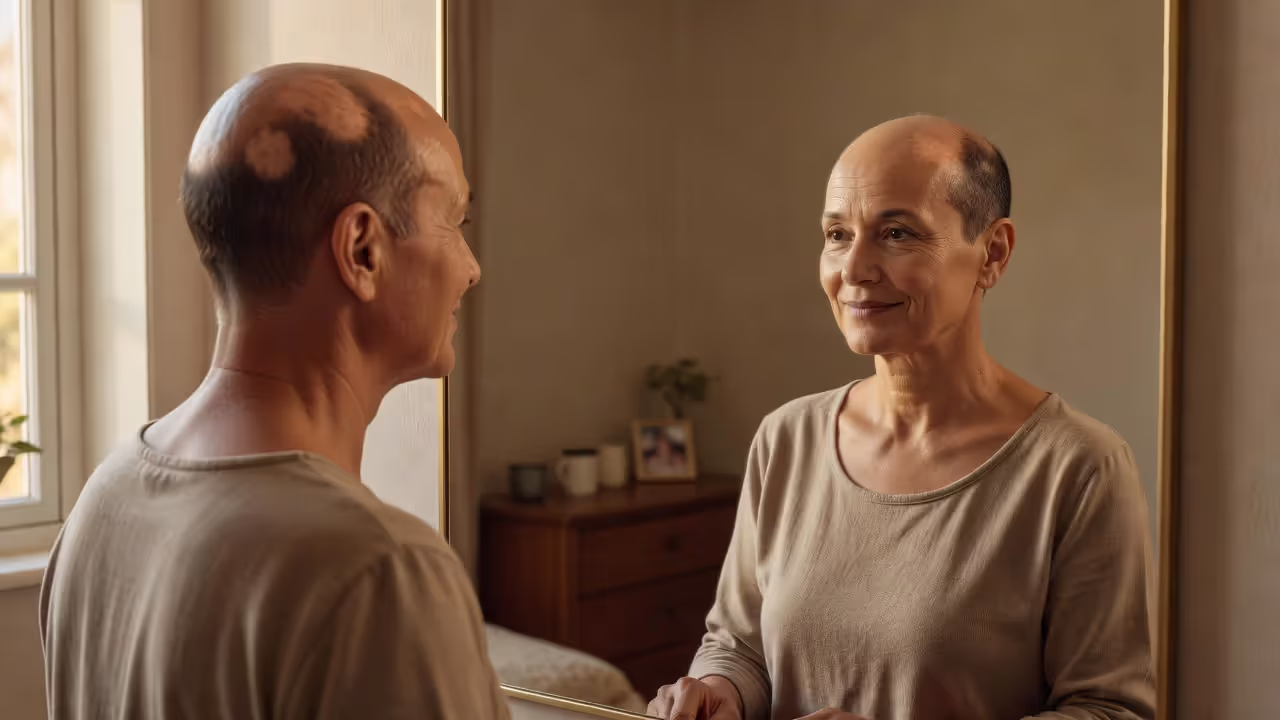Person with alopecia confidently looking in a mirror, representing self-acceptance and daily life management