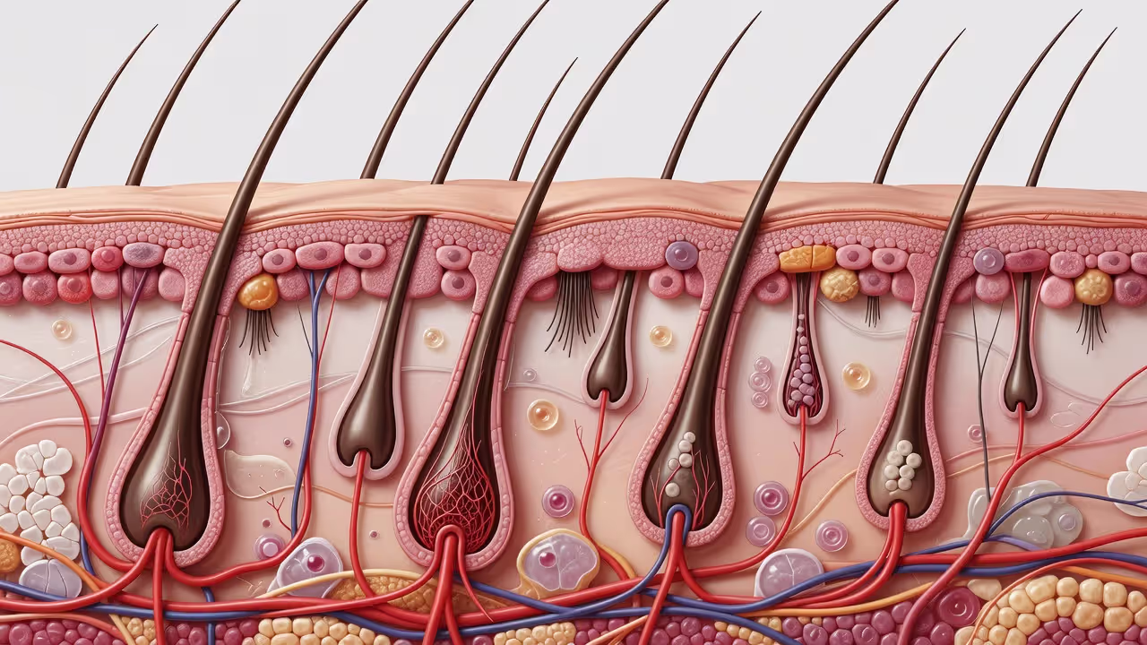 Illustration of hair follicle growth cycle in the scalp
