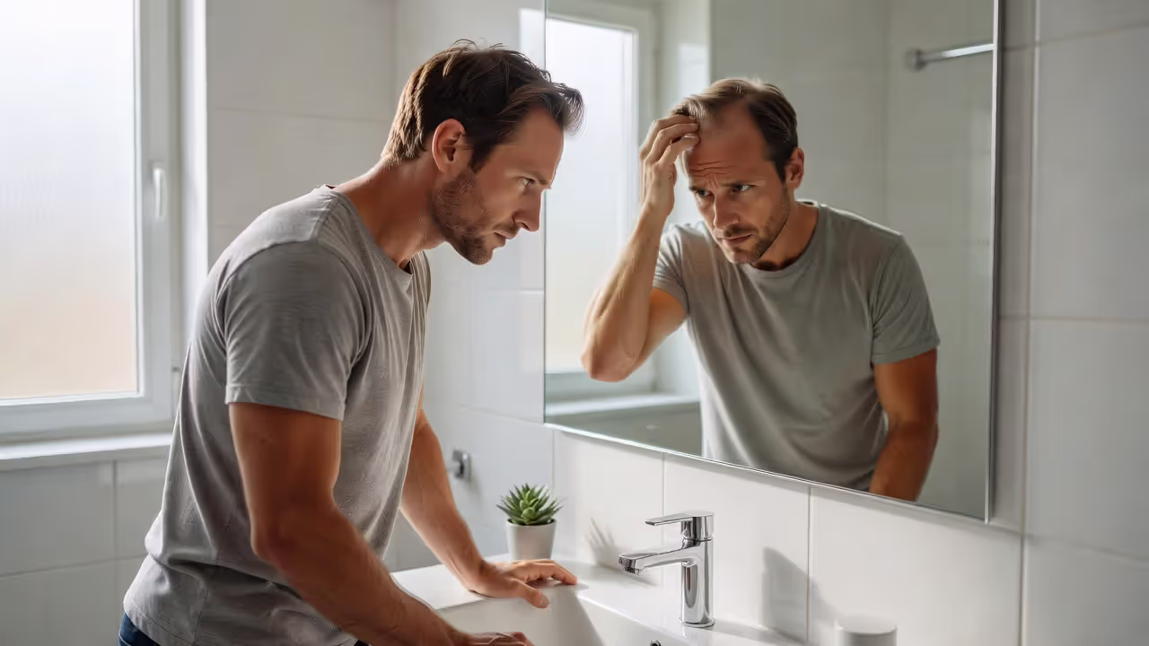 Man examining hair thinning in mirror