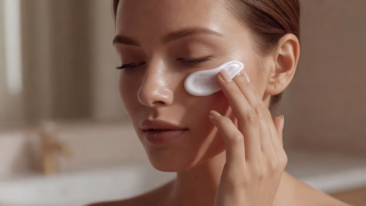 Woman applying estrogen eye cream to periorbital area
