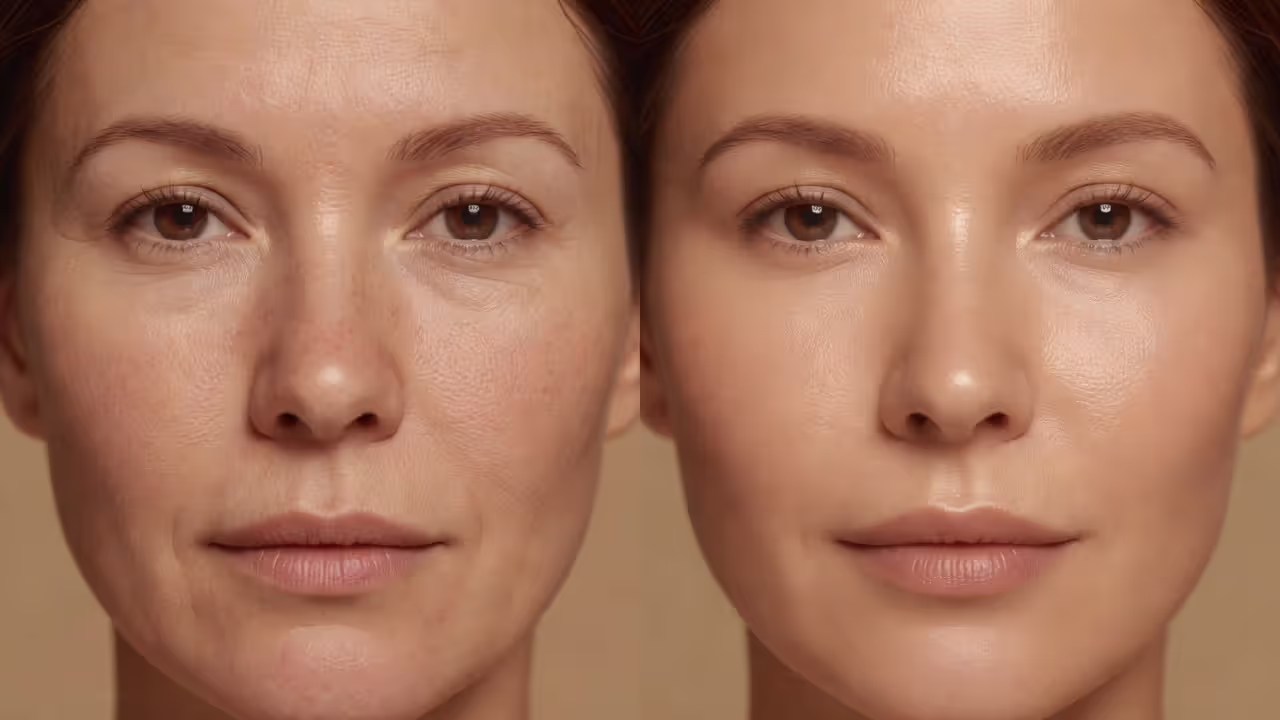 Before and after skin texture improvement from estrogen face cream use