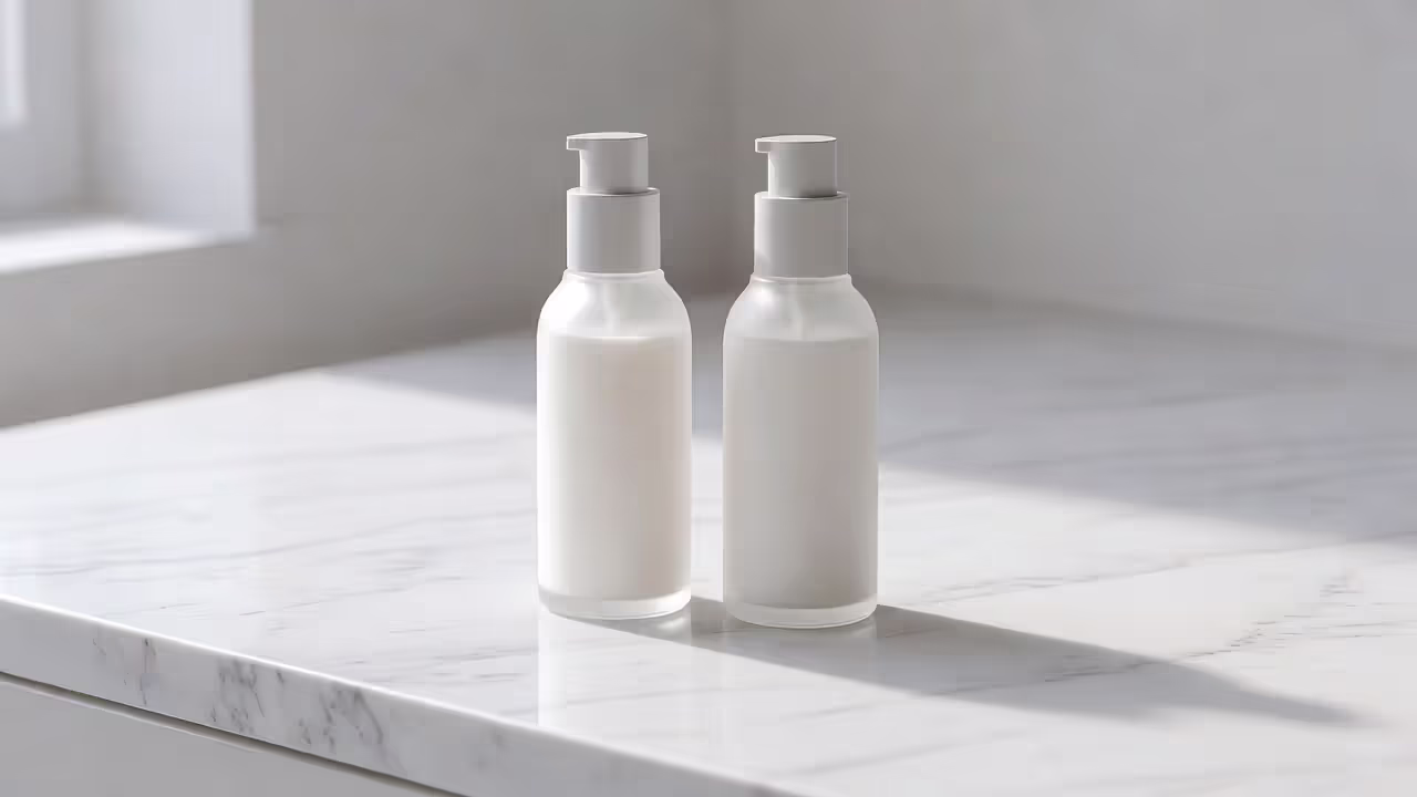 Hyaluronic acid and tretinoin skincare products on a bathroom counter