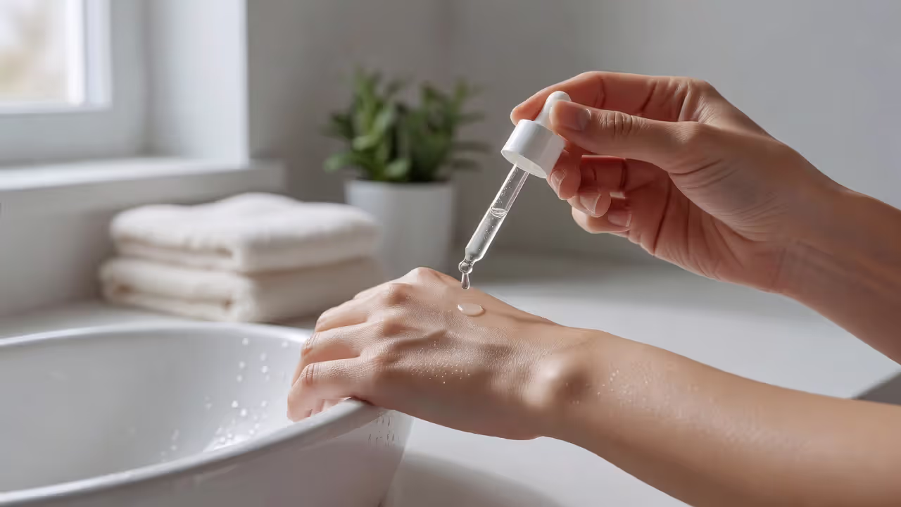 Person applying skincare serum in the morning routine