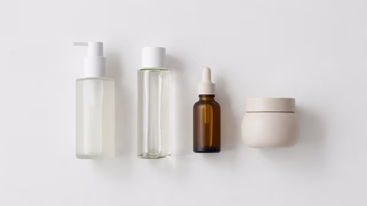 Skincare products arranged for a hormonal acne routine