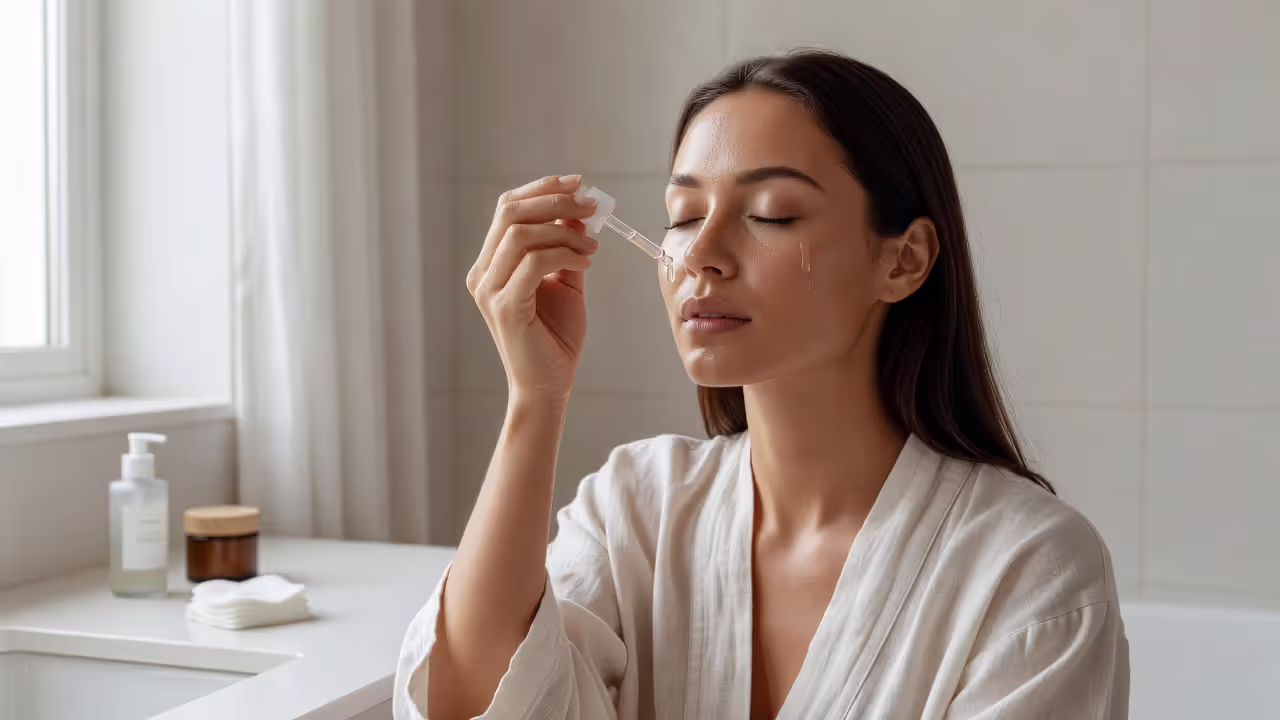 Woman applying peptide serum as part of her morning skincare routine