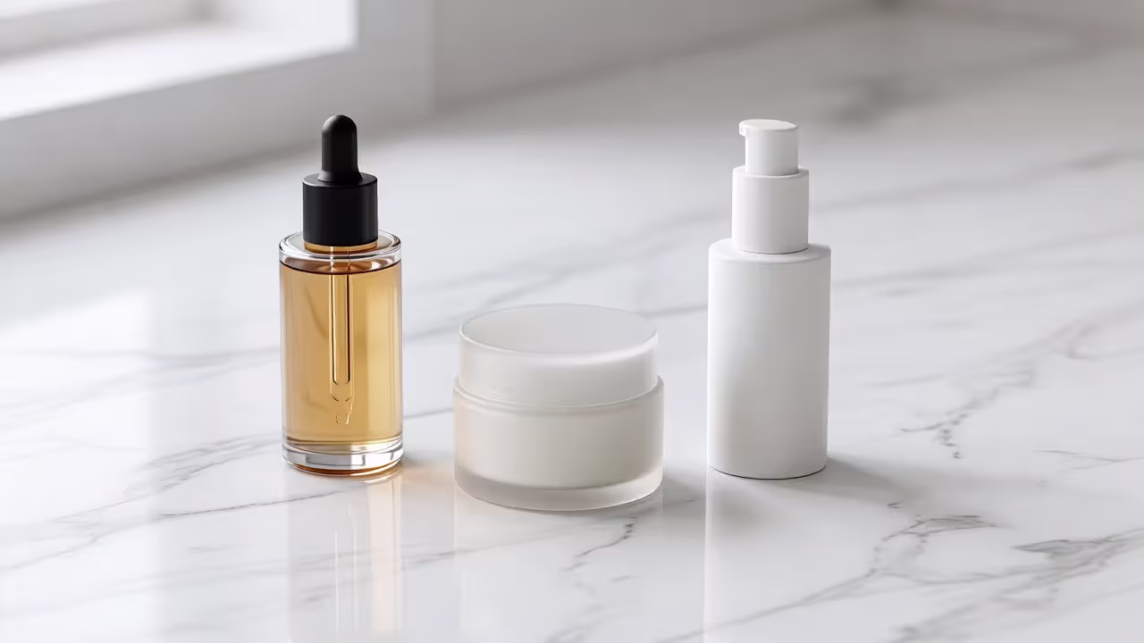 Skincare routine products including peptide serum and SPF laid out on a marble surface