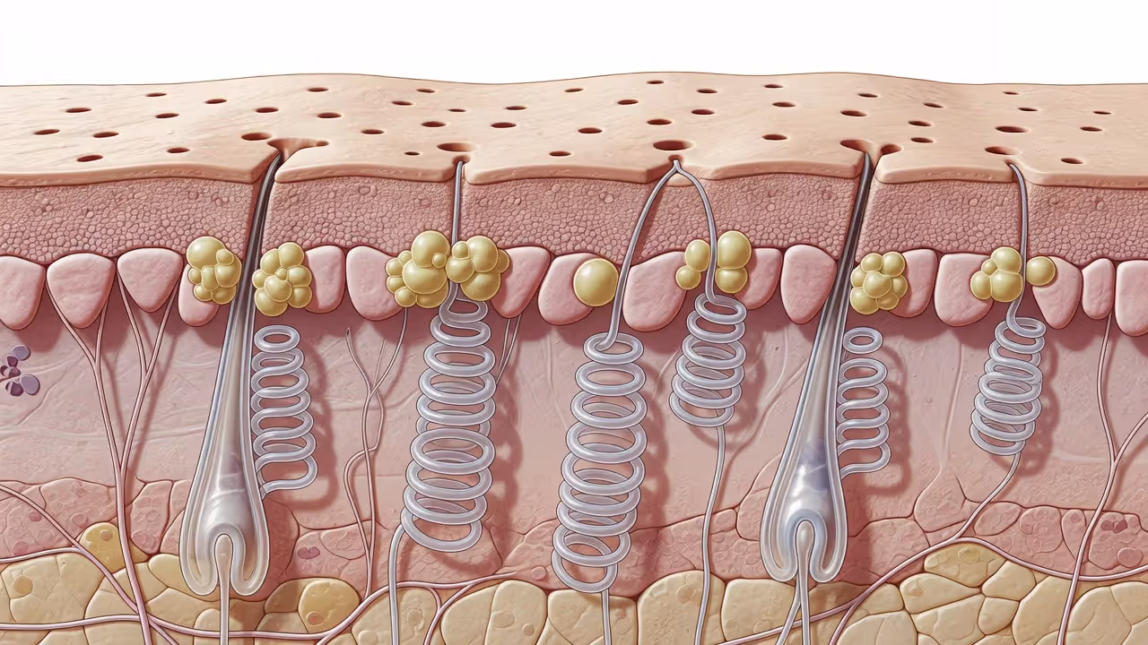 Diagram showing sebaceous and sweat glands beneath the skin surface and their pore openings