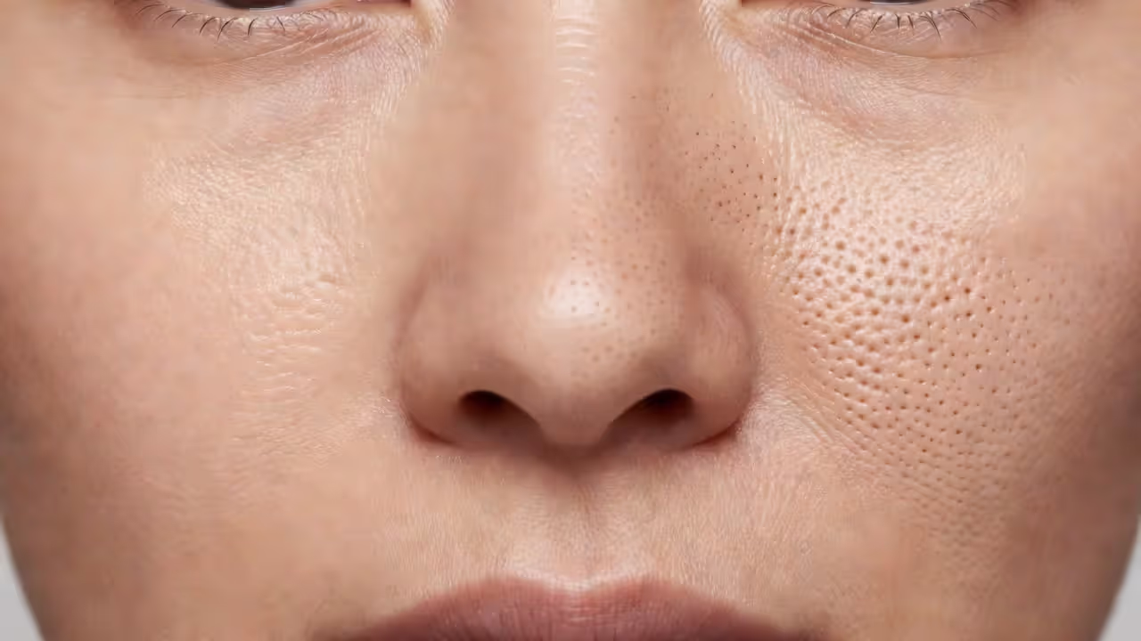 Comparison of skin with small pores versus visibly enlarged pores on the face