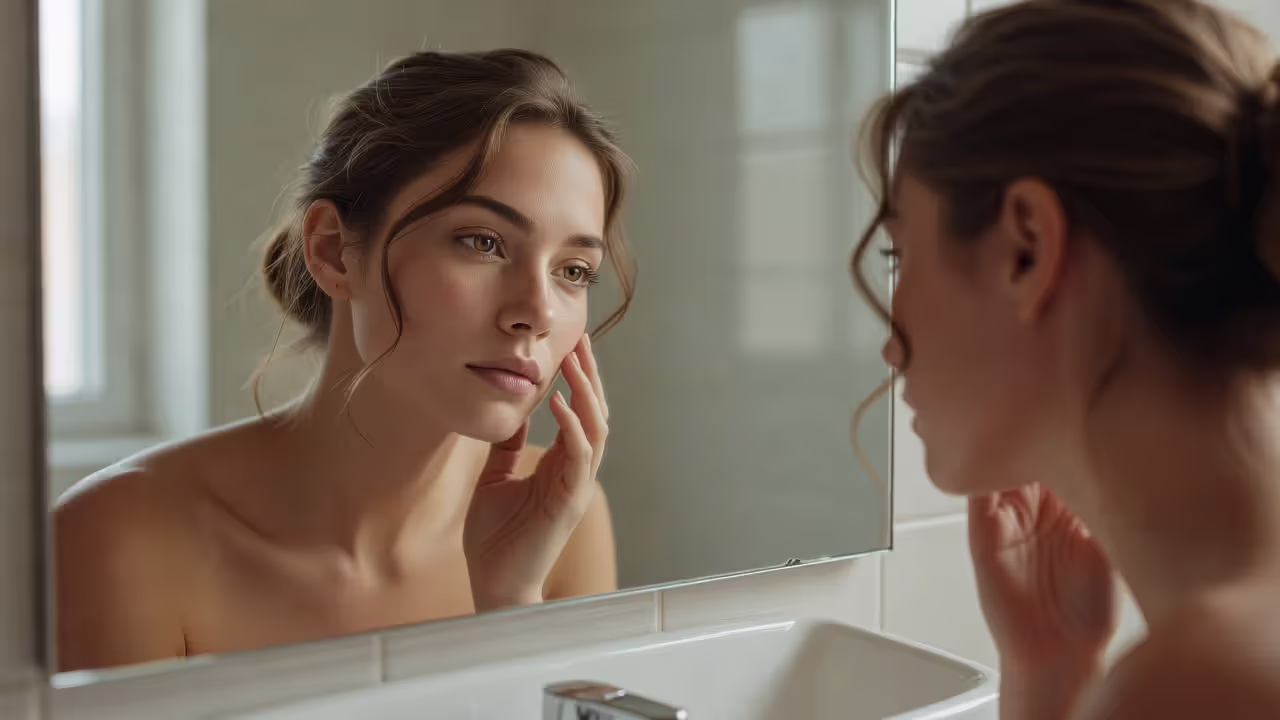 Young woman examining early signs of skin aging in mirror