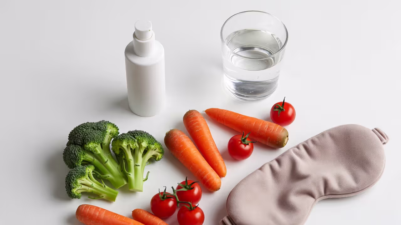 Lifestyle factors that affect skin aging including sunscreen, hydration, and sleep