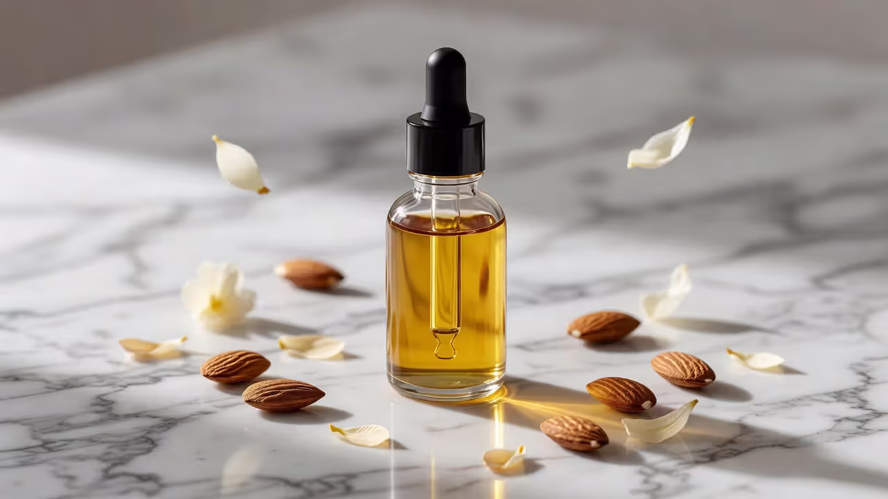 Sweet almond oil in a glass dropper bottle on a marble surface with almonds