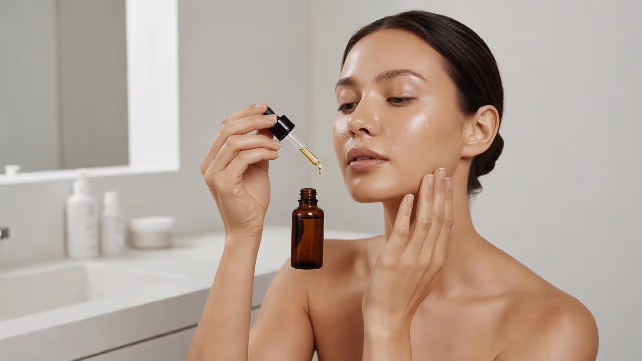Woman applying face oil to acne-prone skin in a bathroom mirror