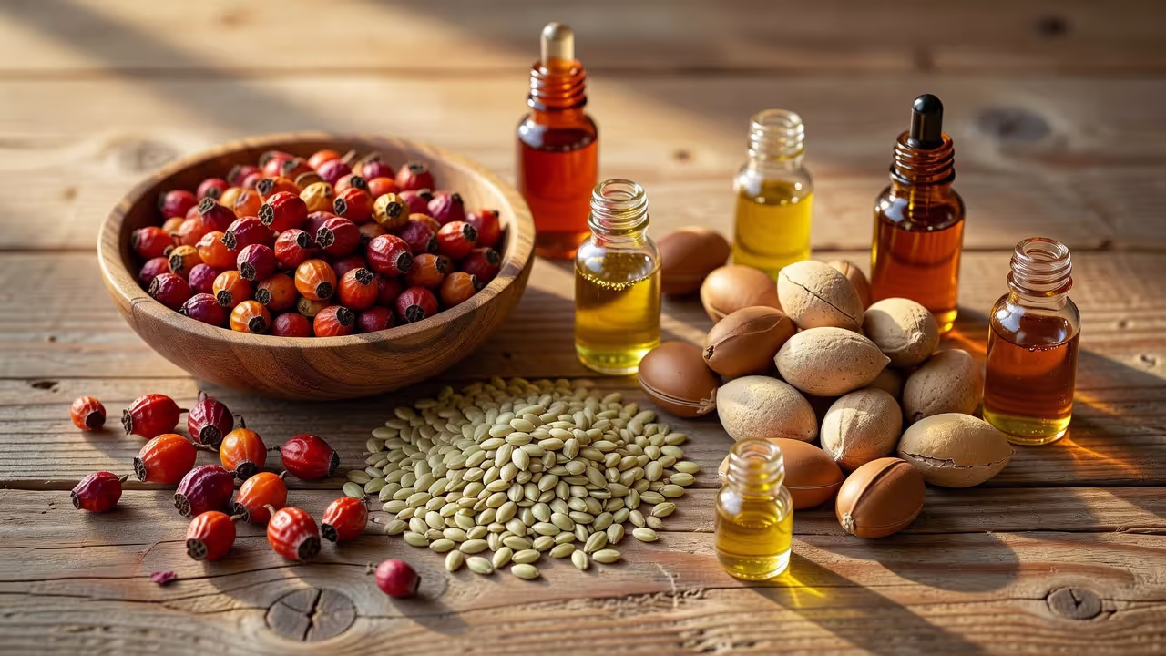 Natural ingredients for non-comedogenic face oils including rosehip hemp seed and argan