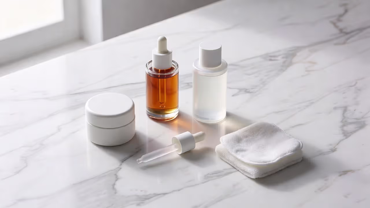 Retinol serum and exfoliating acid products on a marble surface