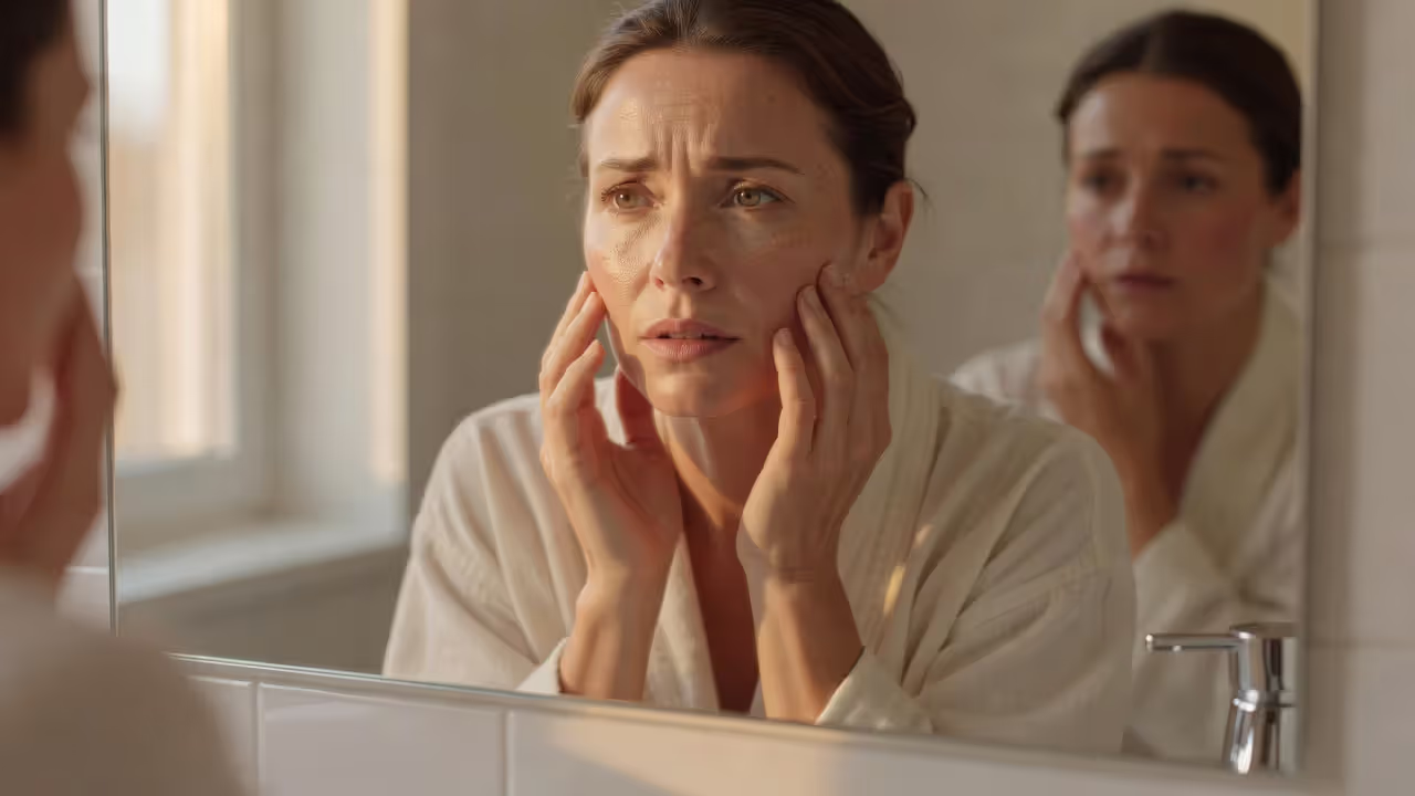 Woman examining skin in mirror to assess skincare progress