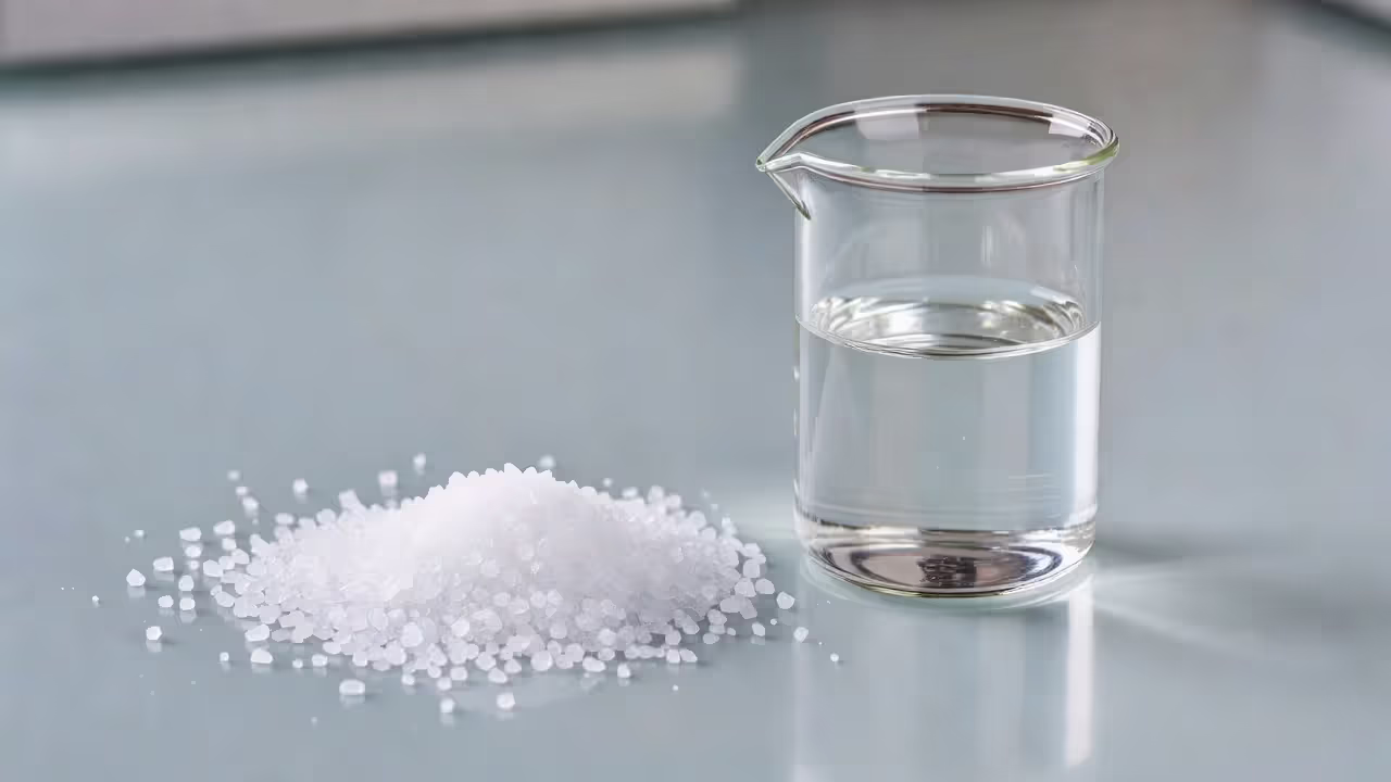 Sodium hydroxide pellets and solution in a laboratory setting