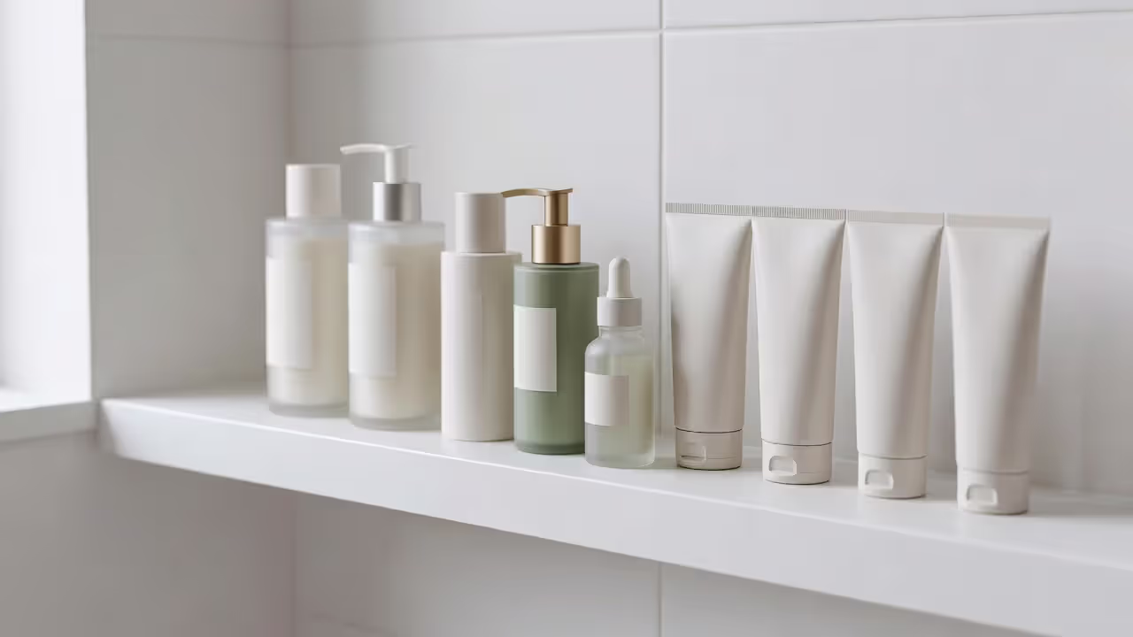 Variety of skincare products on a bathroom shelf