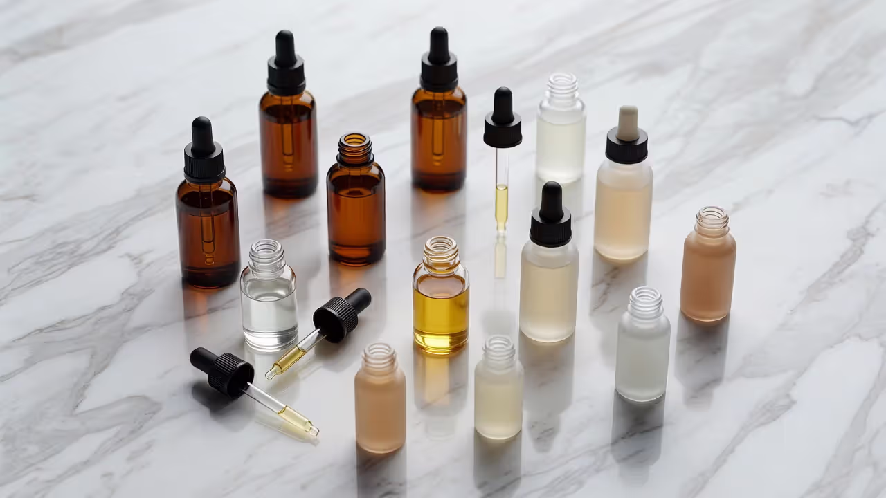 Skincare ingredient bottles arranged on marble surface