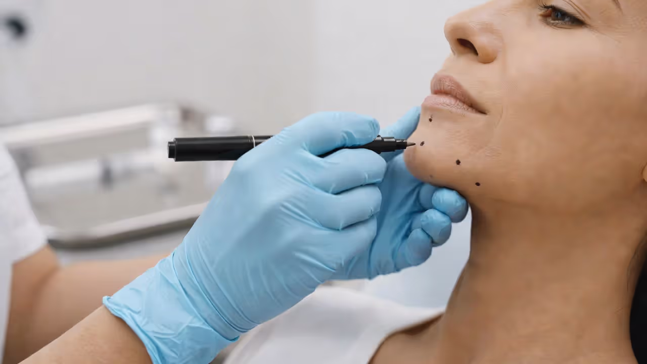 Injector marking masseter Botox injection sites on patient's jaw before treatment