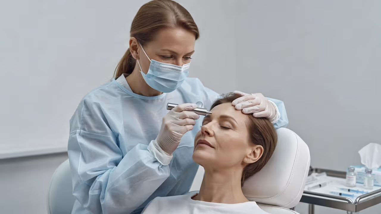 Injector assessing forehead anatomy before Botox treatment