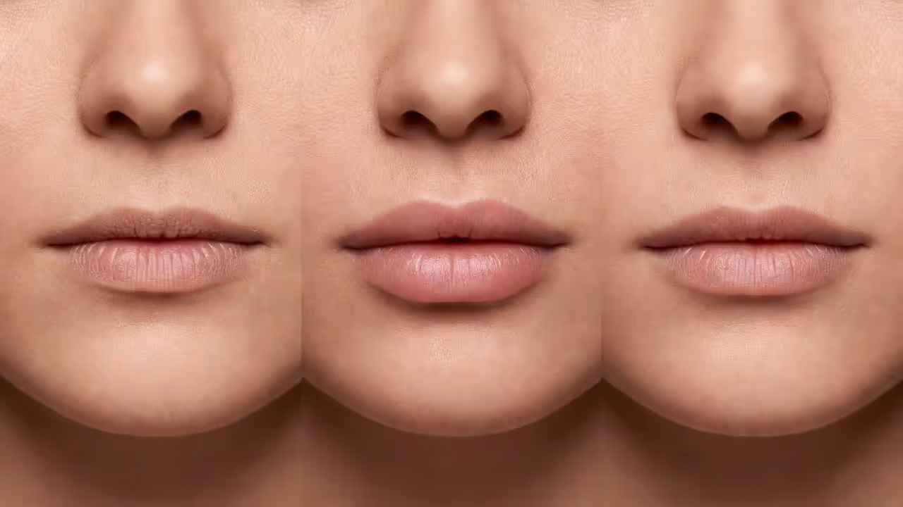 Before and after lip filler dissolution comparison showing different filler volumes