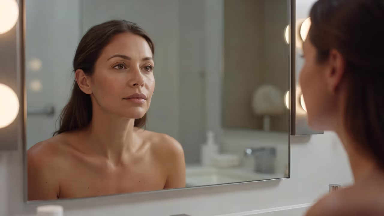 Woman examining her lips after lip filler has fully dissolved