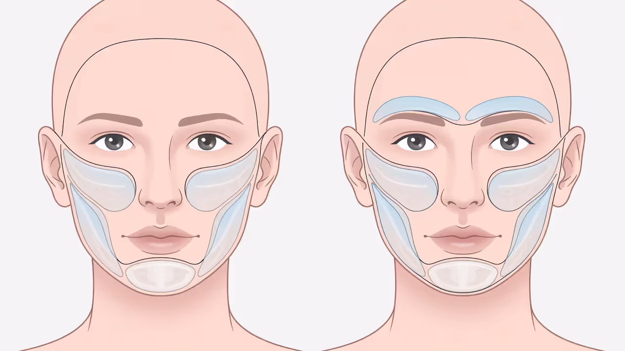 Diagram comparing mini face lift and full face lift incision zones on a human face