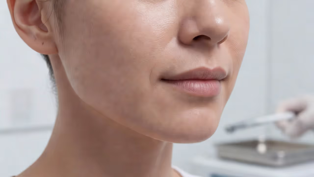 Close-up showing signs of abnormal tension and asymmetry after a face lift procedure