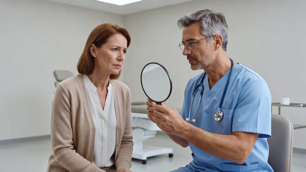 Patient consulting with a plastic surgeon about corrective options after a face lift