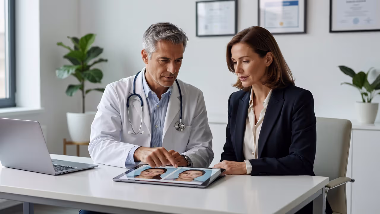 Surgeon reviewing facial surgery results with a patient during a pre-operative consultation