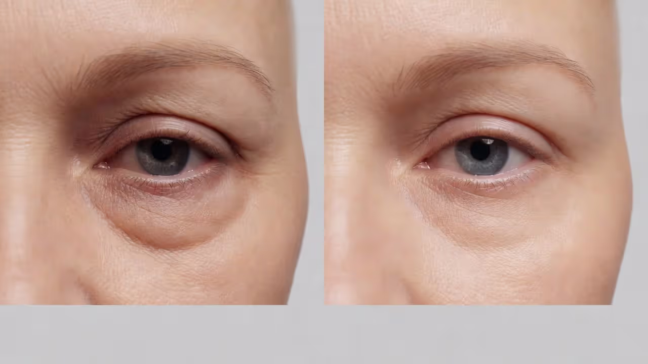 Before and after lower blepharoplasty under-eye comparison