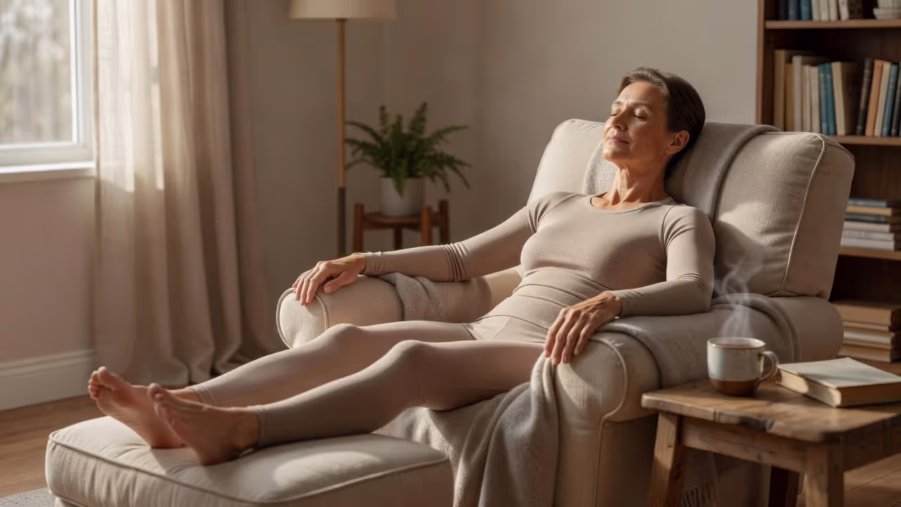 Person recovering at home wearing compression garment after liposuction