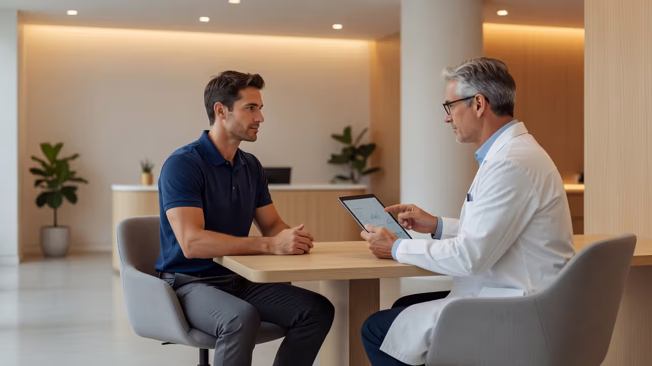 Patient consulting with a plastic surgeon about liposuction candidacy