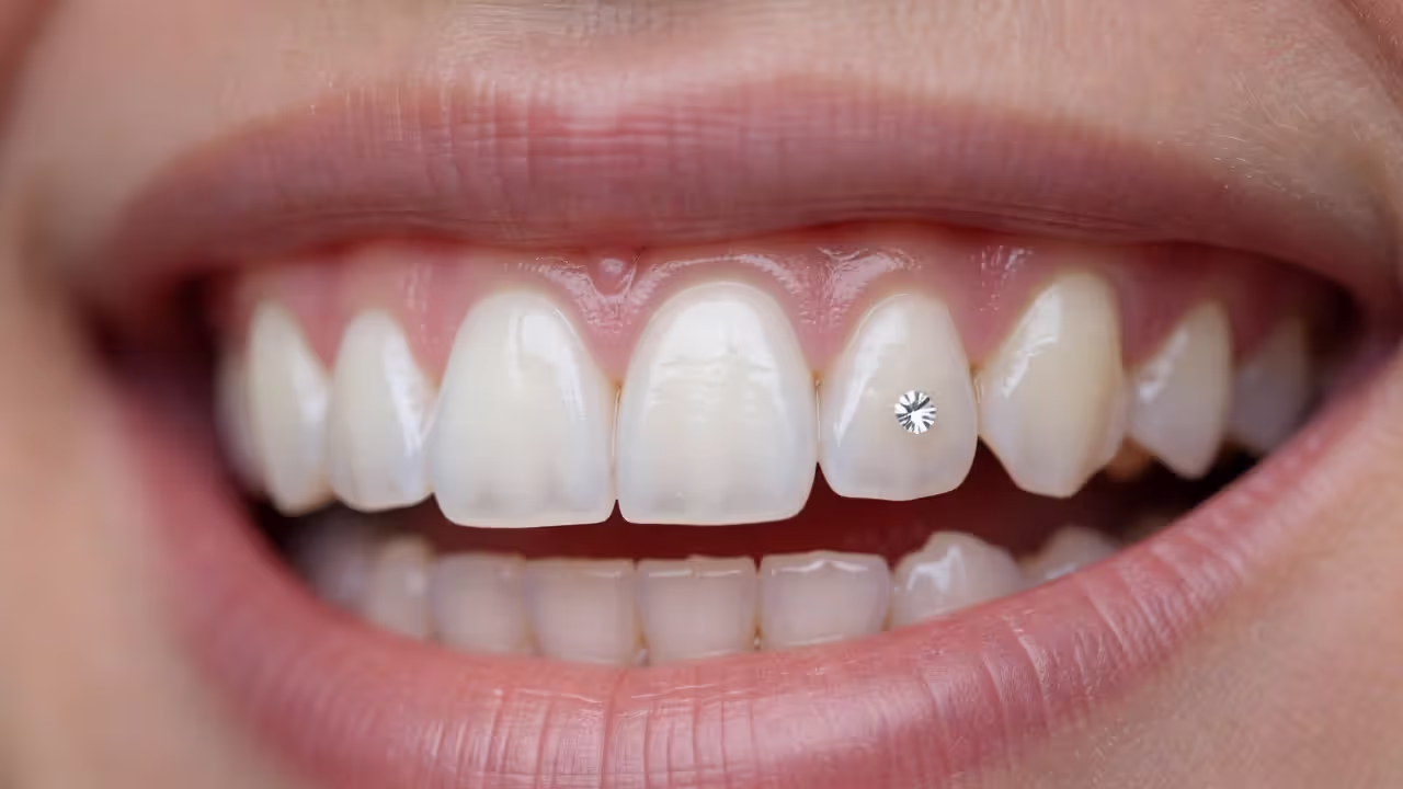 Close-up of a crystal tooth gem on an upper front tooth