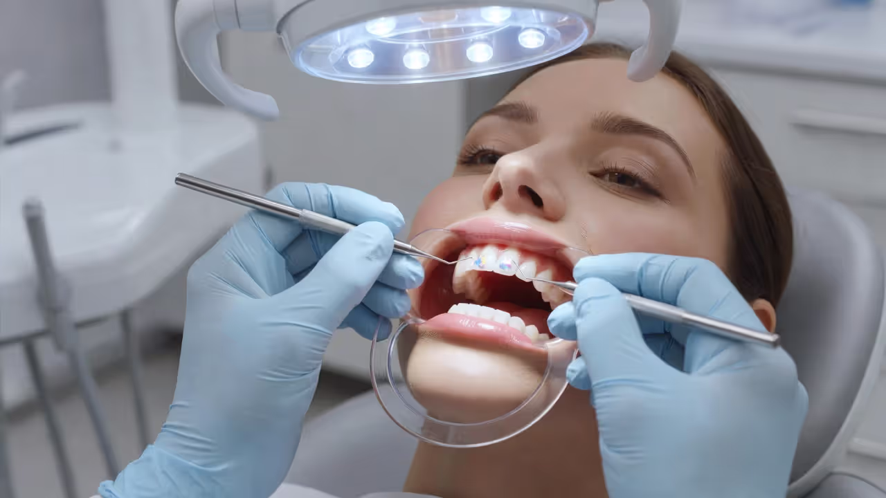 Dental professional applying a tooth gem during a cosmetic appointment