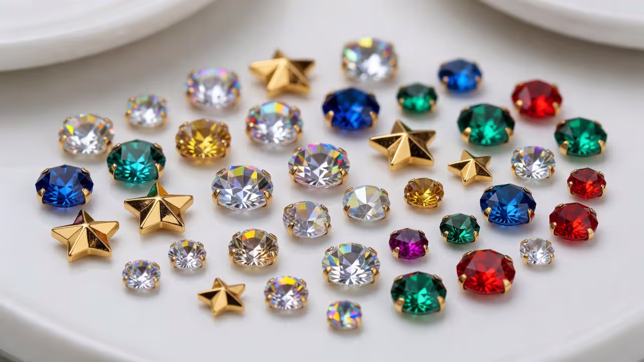 Assortment of tooth gems including crystals, gold shapes, and gemstones