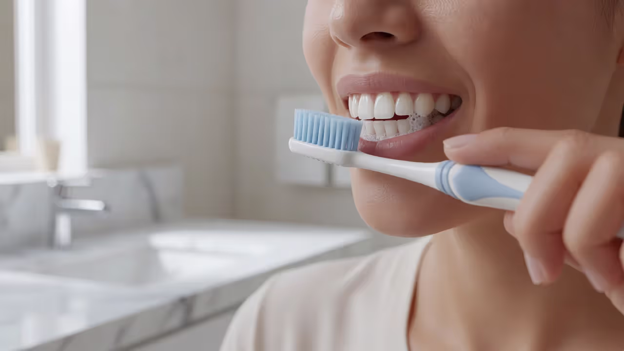 Person carefully brushing teeth with a soft toothbrush to care for a tooth gem