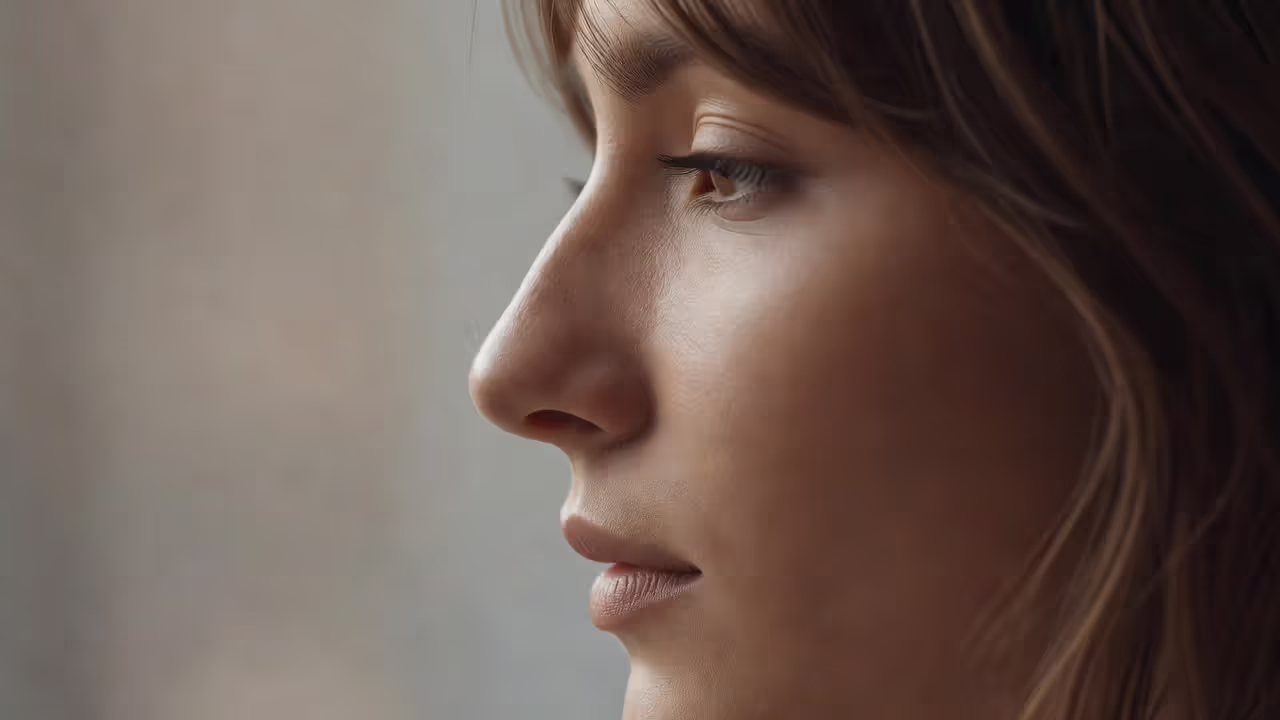 Side profile of a person with a dorsal hump nose in natural lighting