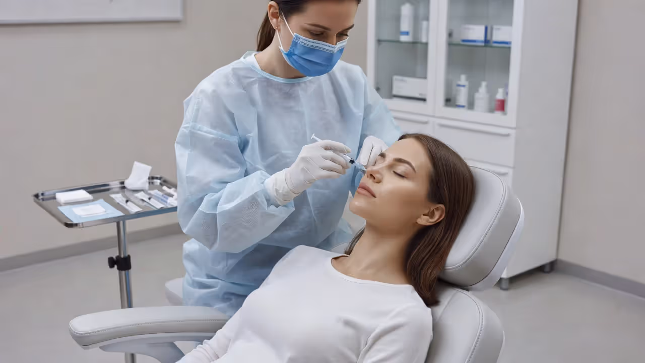 Non-surgical nose reshaping filler procedure in an aesthetic clinic